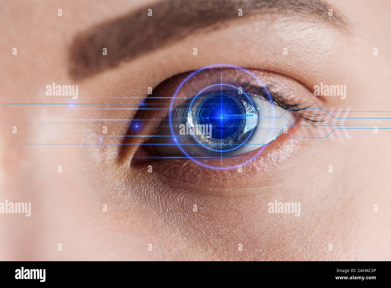 close up view of woman eye with data illustration, robotic concept ...