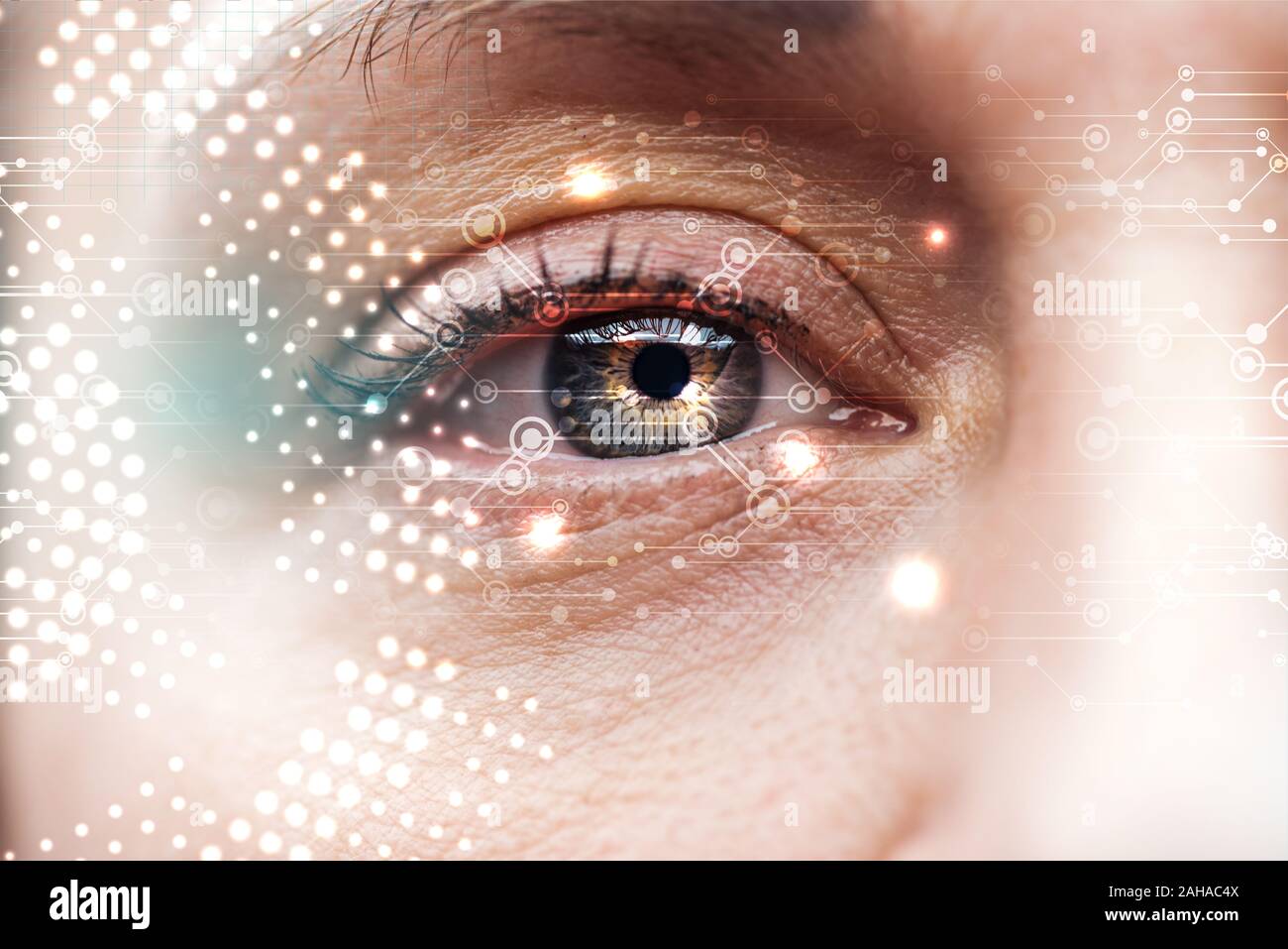 close up view of human eye with data illustration, robotic concept ...