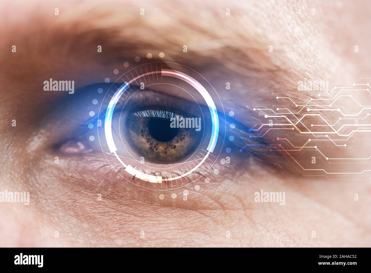 close up view of mature human eye with data illustration, robotic ...