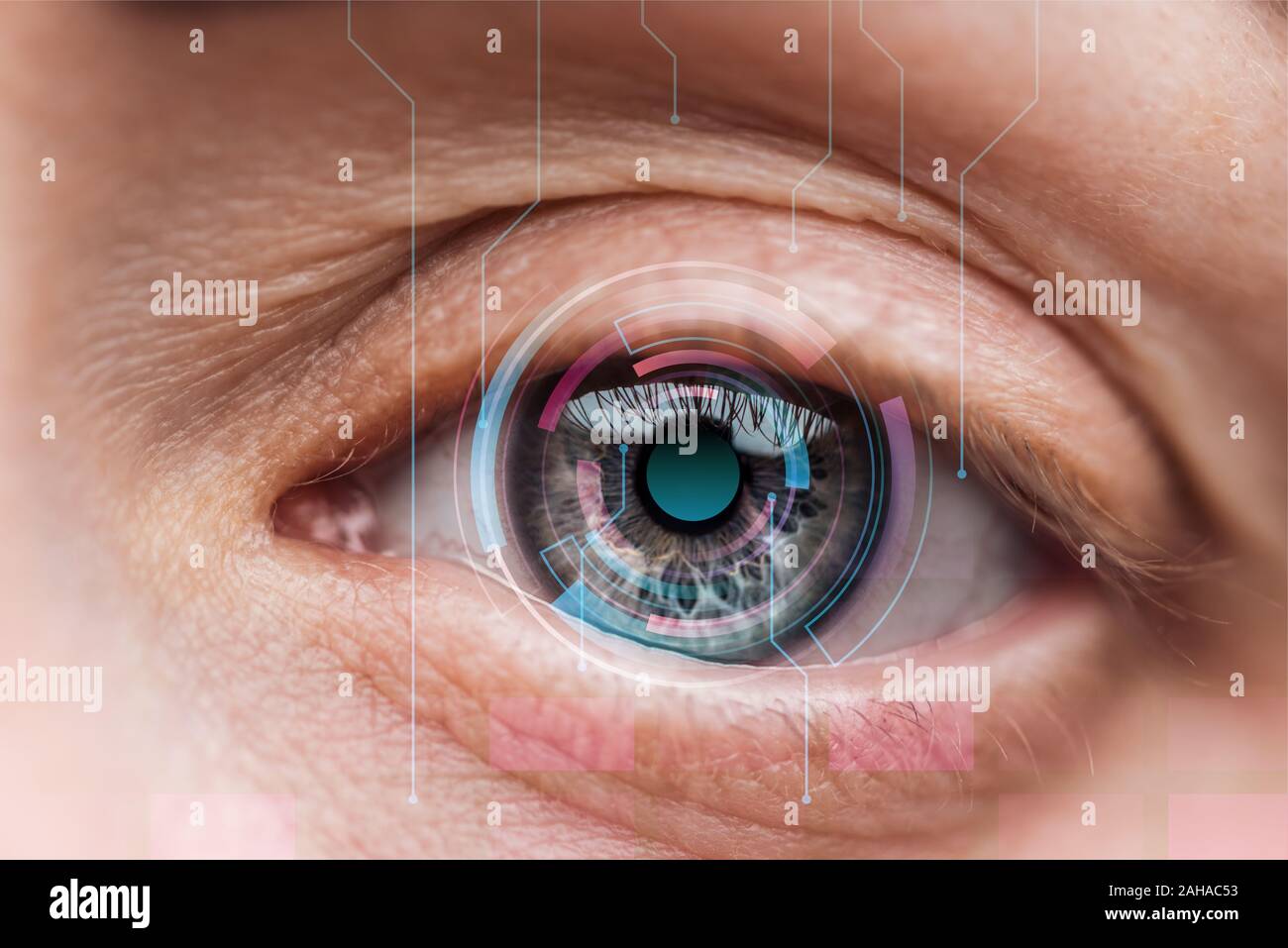 close up view of human eye with data illustration, robotic concept ...
