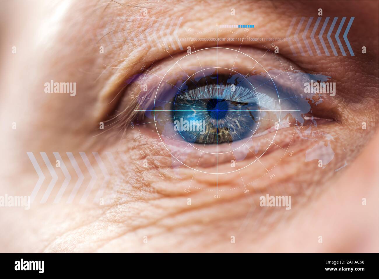 close up view of mature human eye with data illustration, robotic ...