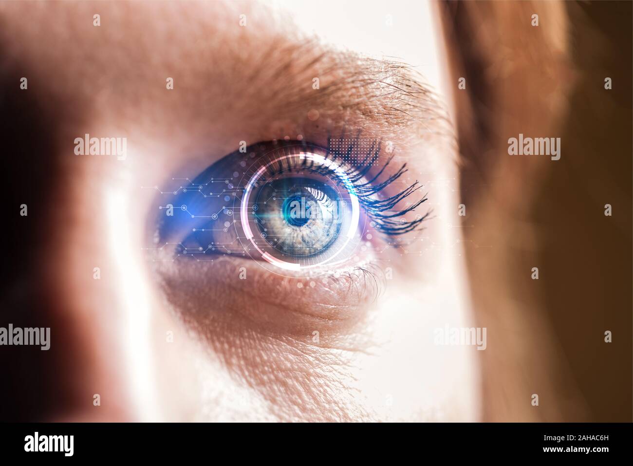 close up view of human eye with data illustration, robotic concept ...