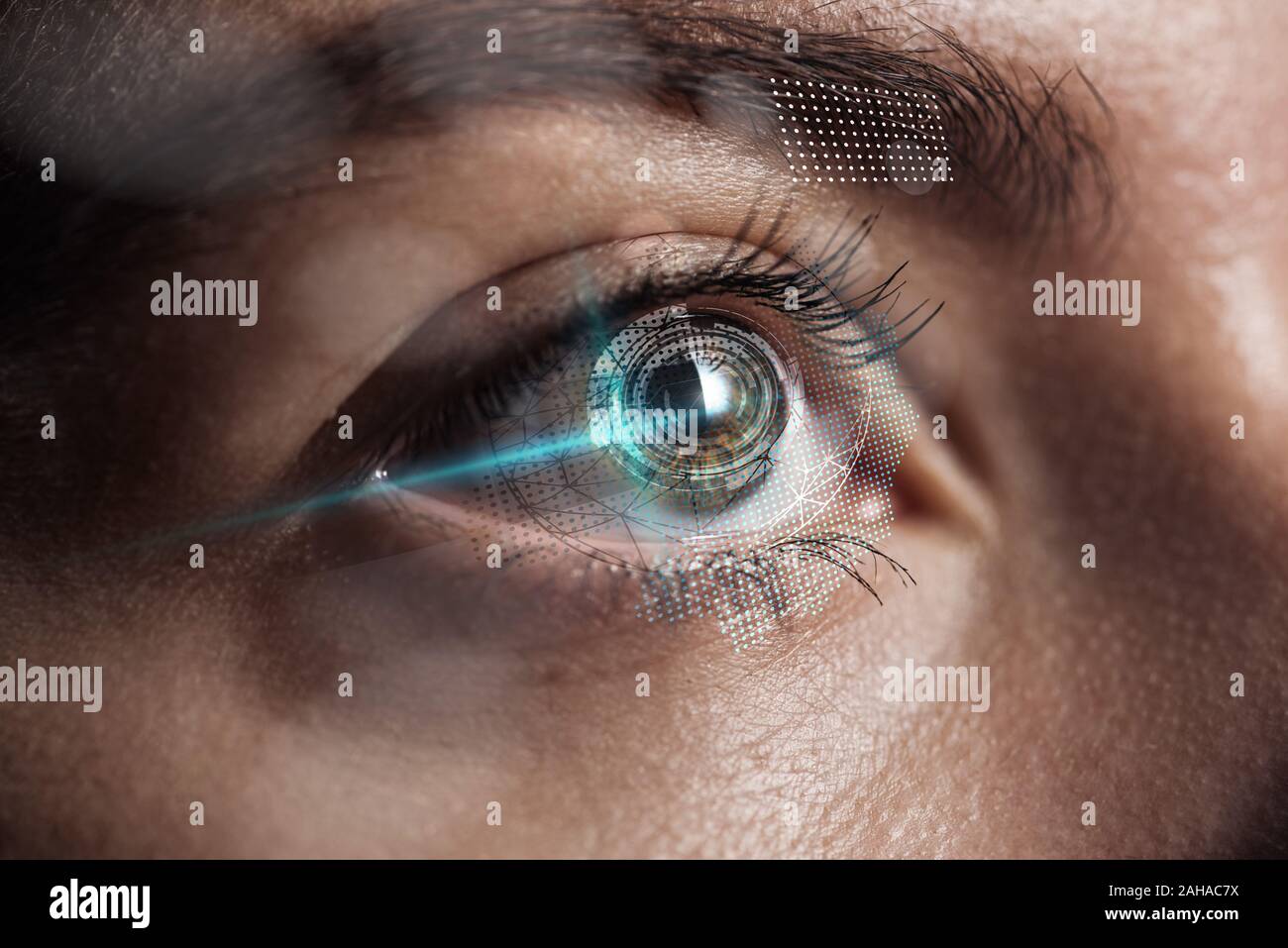 Close Up View Of Human Eye With Data Illustration Robotic Concept