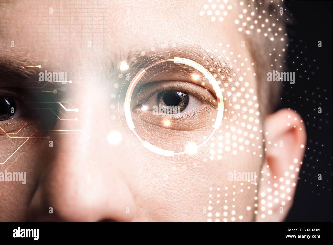 close up view of human eye with data illustration, robotic concept ...