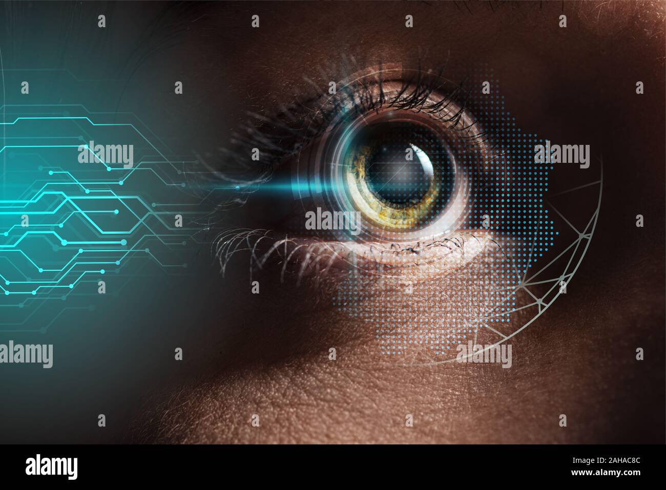 close up view of human eye with data illustration, robotic concept ...