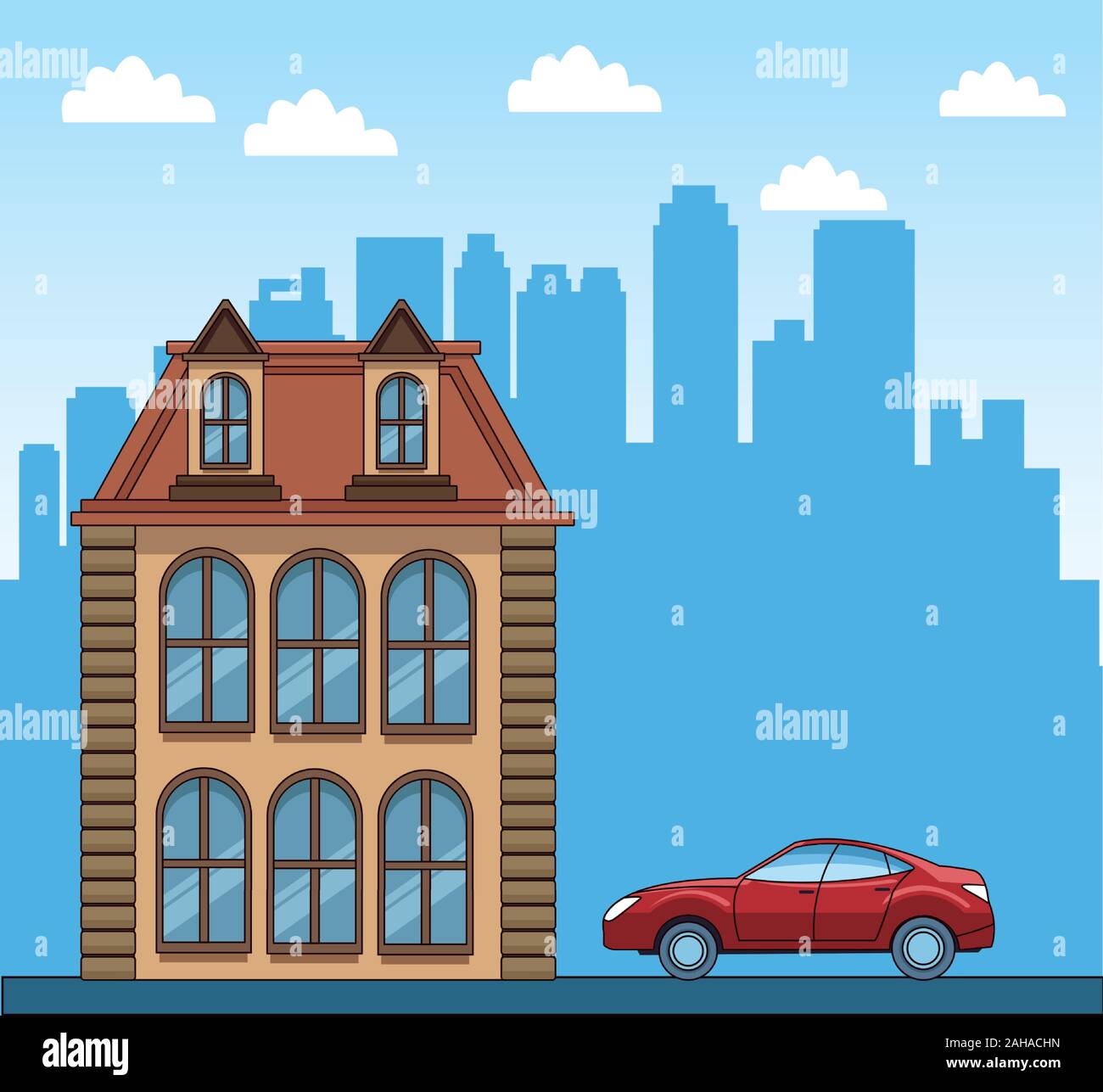 urban city scenery with red sport car and classic car Stock Vector ...