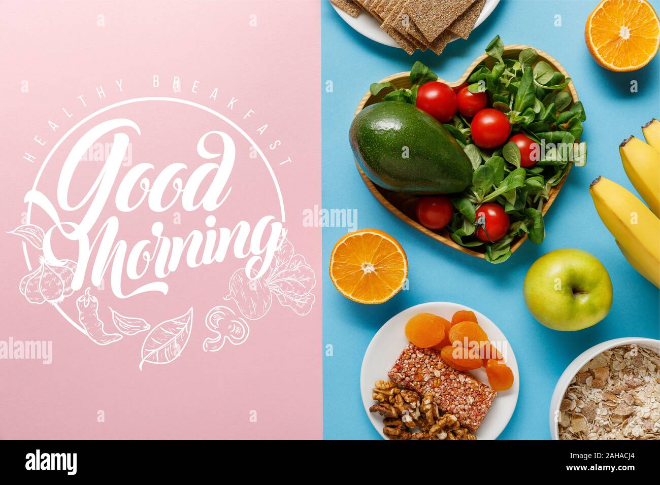 top view of diet food on blue and pink background with good morning