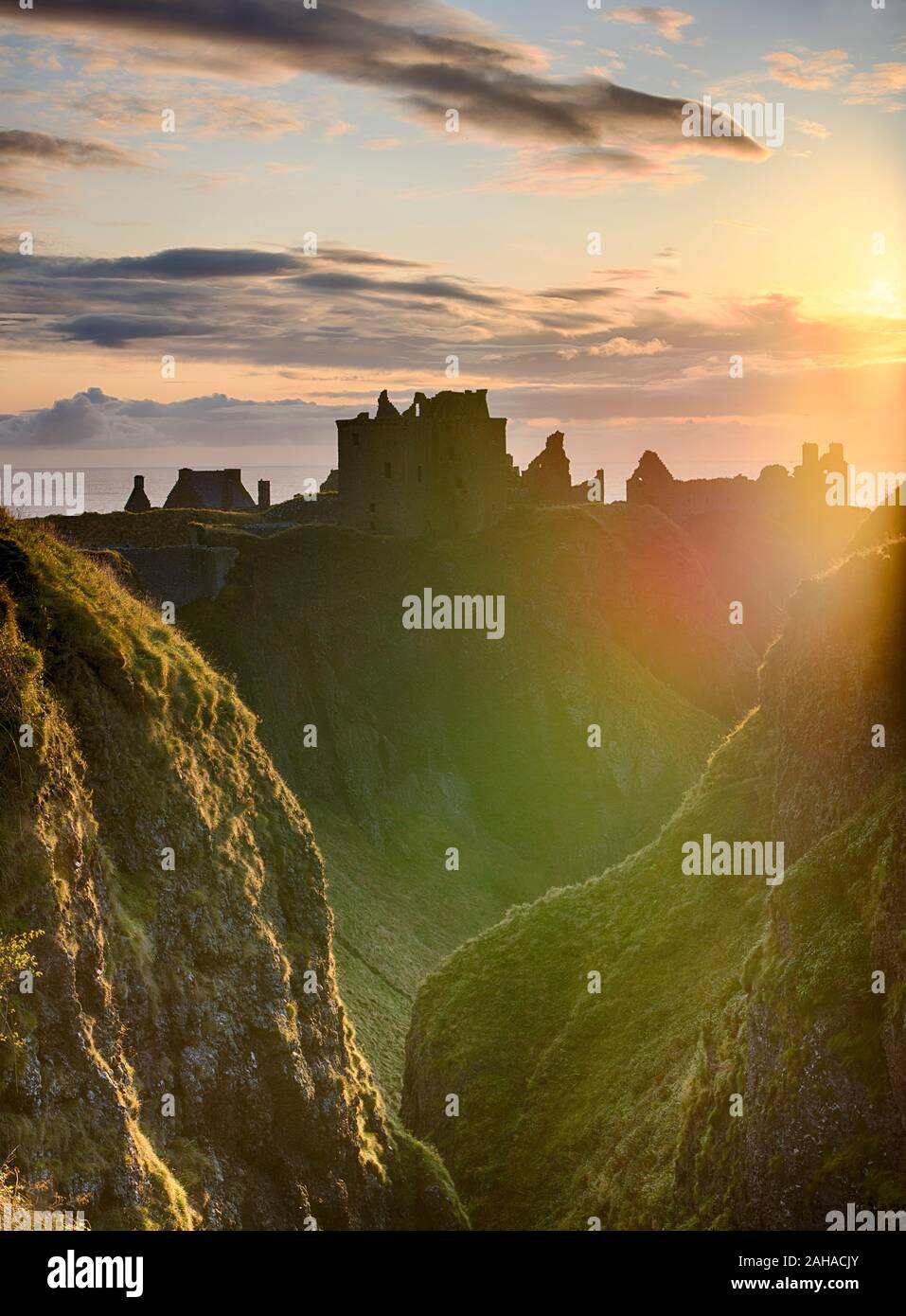 Sunrise over the North Sea on Dunnottar castle, Scotland Stock Photo