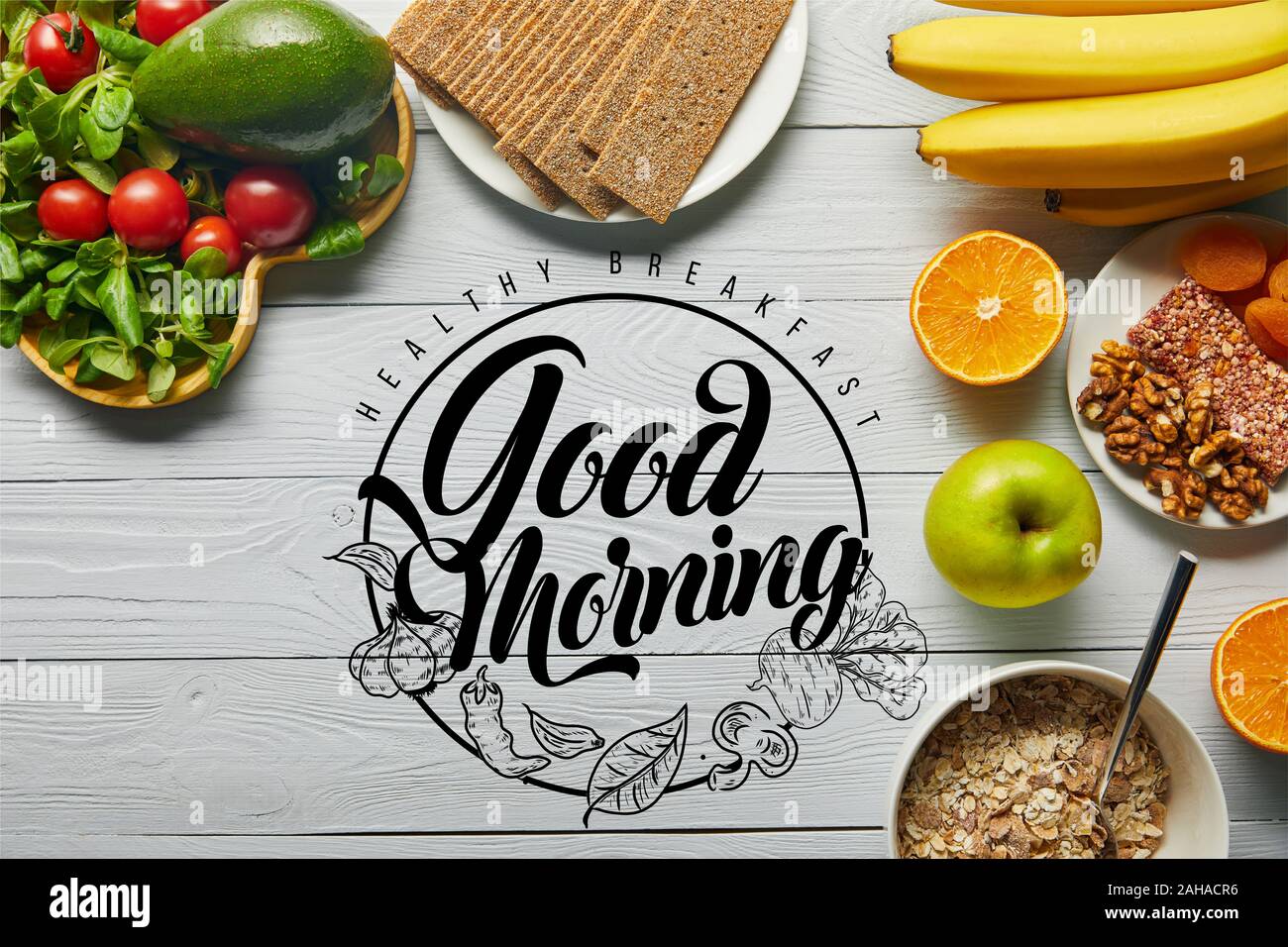 Top View Of Fresh Fruits Vegetables And Cereal On Wooden White