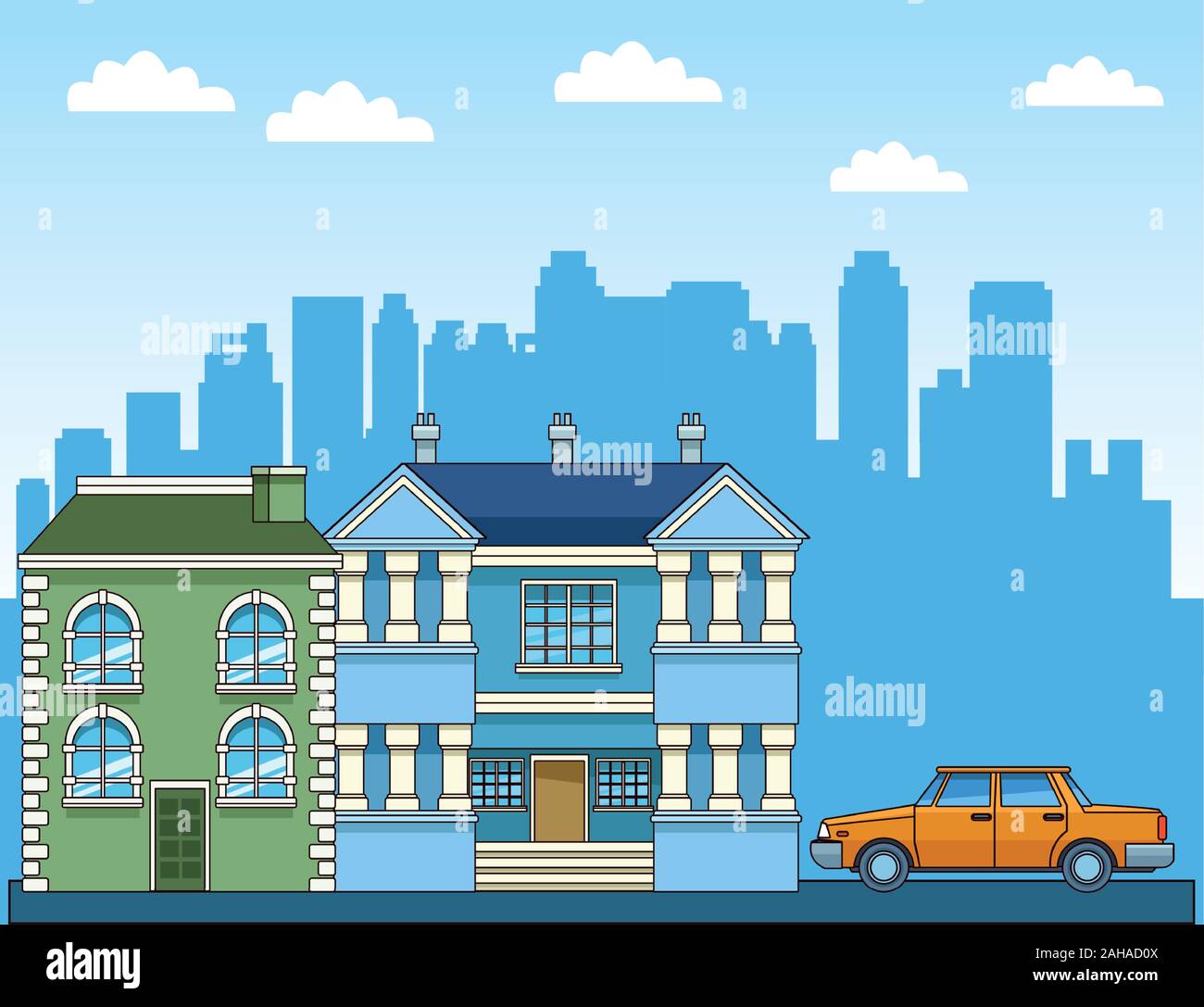 urban city scenery with classic yellow car and buildings Stock Vector ...