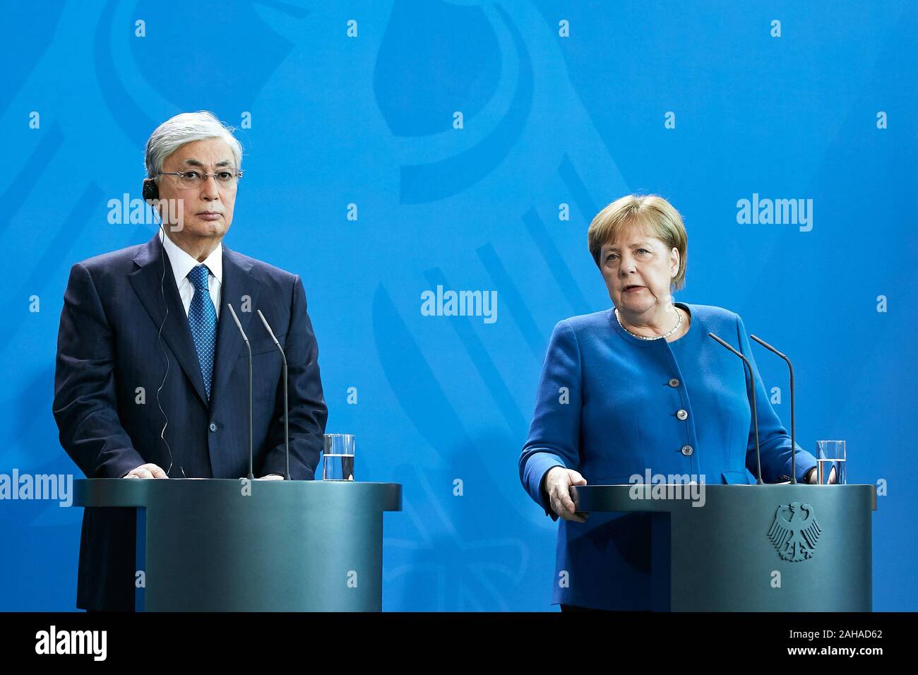 05.12.2019, Berlin, Berlin, Germany - Kassim-Schomart Tokayev, President of the Republic of Kazakhstan and Chancellor Angela Merkel at a joint press c Stock Photo