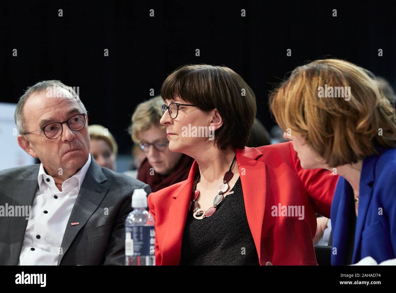 06.12.2019, Berlin, Berlin, Germany - Norbert Walter-Borjans, Saskia Esken and Malu Dreyer at the beginning of the federal party conference of the Soc Stock Photo