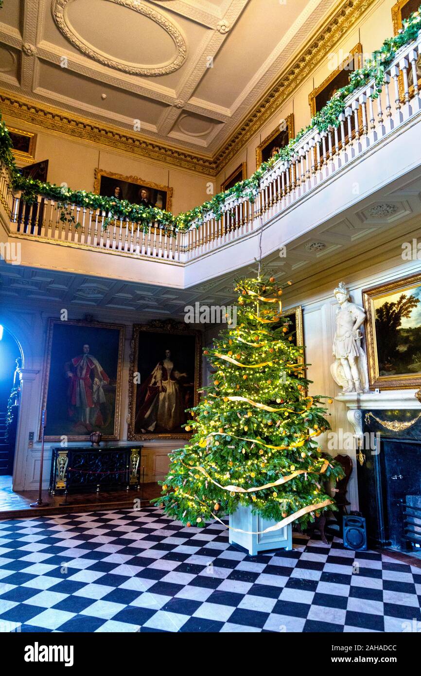 Interior of Ham House near Richmond decorated for Christmas with Christmas tree, London, UK Stock Photo