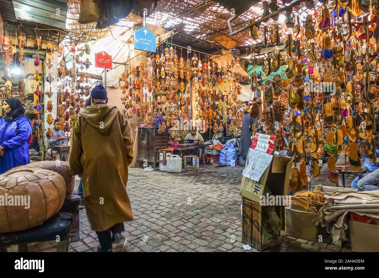 Souk Marrakesh, Leather shoes and sandals at stalls in the the Souk, Medina, Marrakech, Morocco. Stock Photo