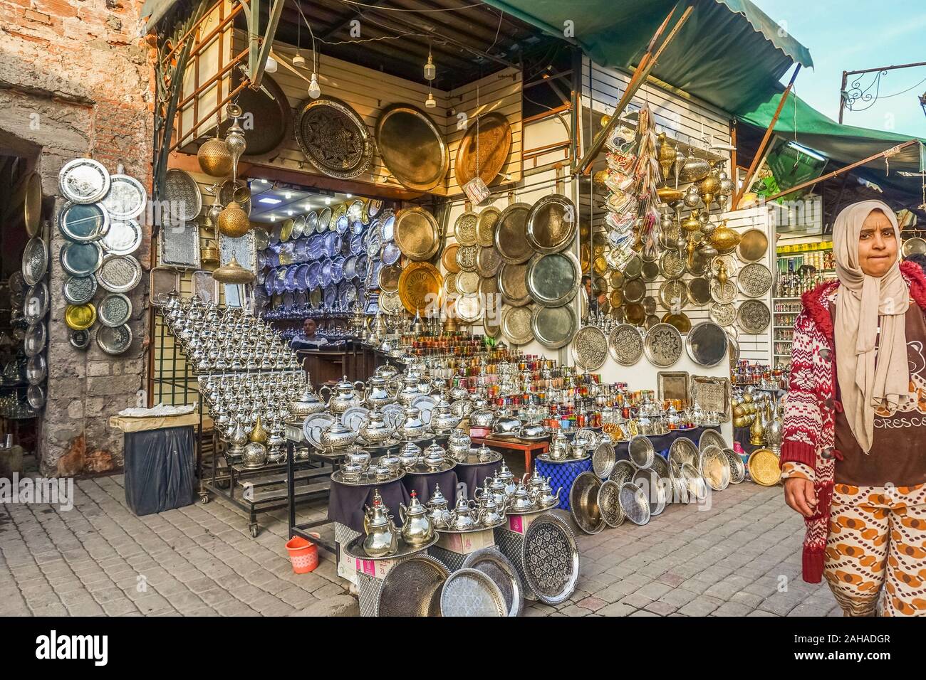 Souk Marrakesh, copper work stall in the the Souk, Medina, Marrakech, Morocco. Stock Photo