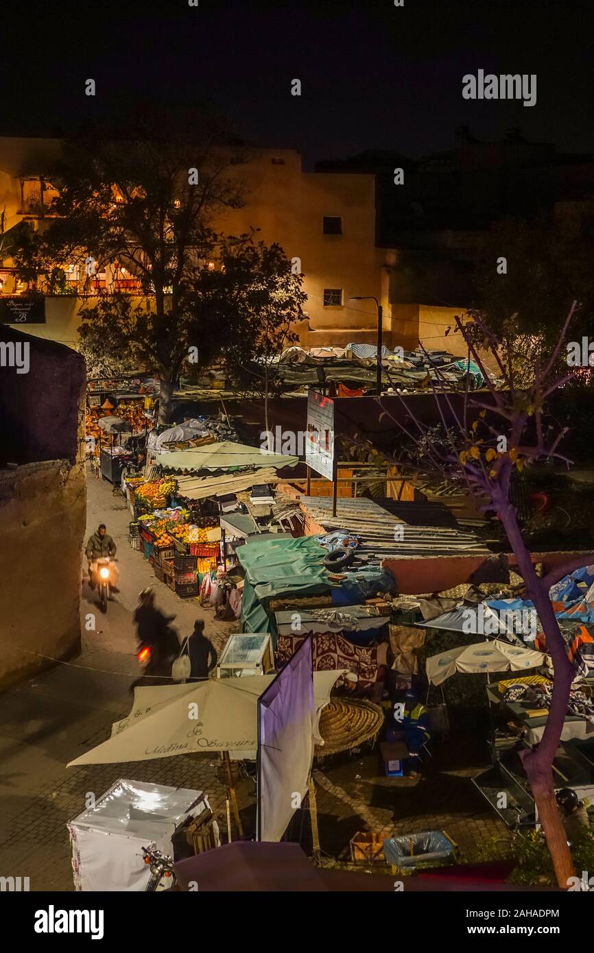 Nightime street view in the souk market, Marrakech, Morocco. Stock Photo