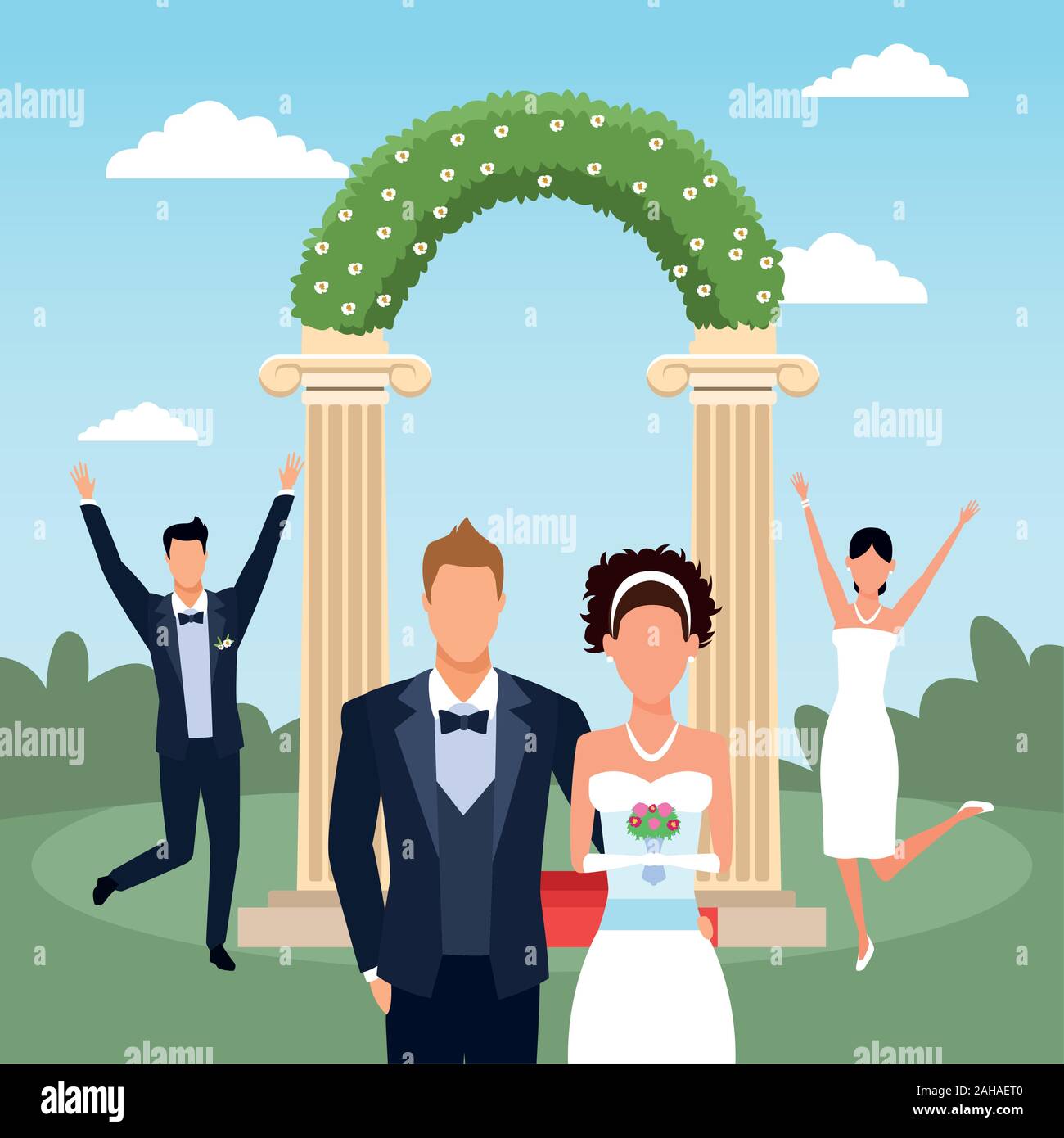 Floral arch with happy just married couples over landscape background Stock Vector