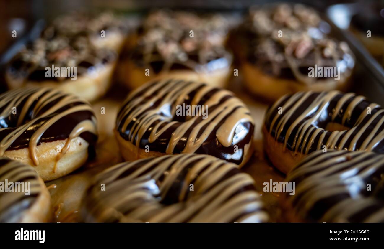 Chocolate covered vegan donuts on a tray. Stock Photo