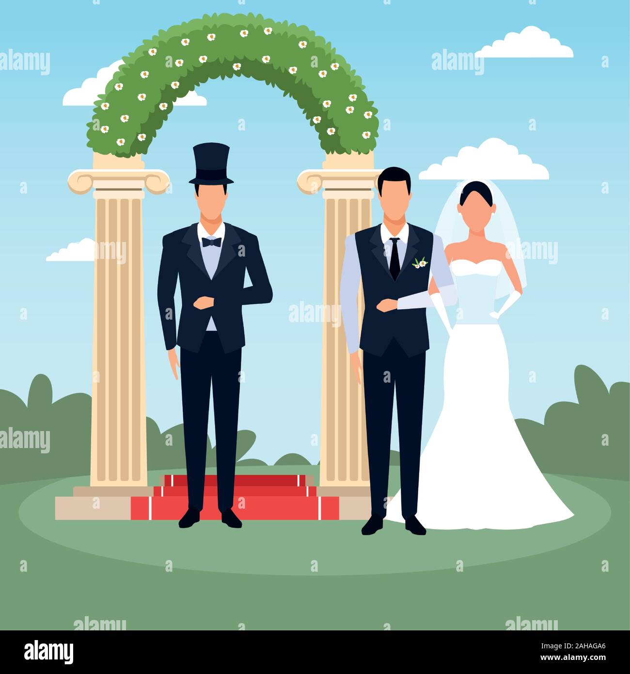 avatar elegant man with bride and groom standing over floral arch and landscape background Stock Vector