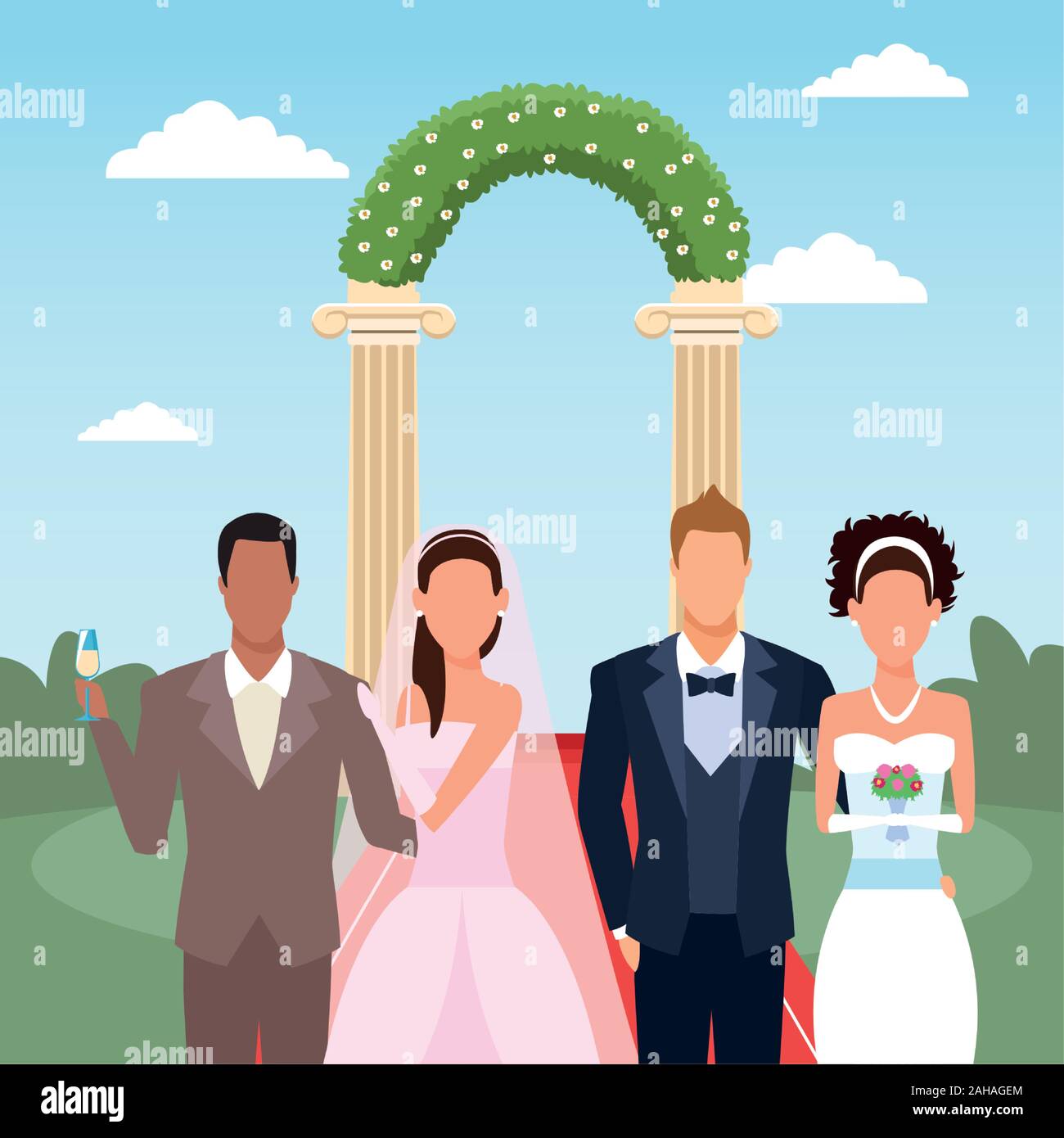 adult just married couples over floral arch and landscape background, colorful design Stock Vector