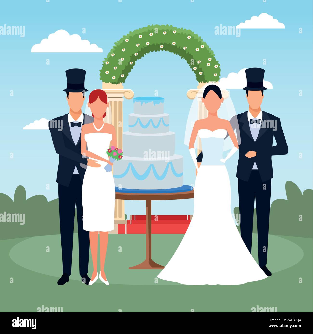 happy couples with weeding cake and floral arch around over landscape background Stock Vector