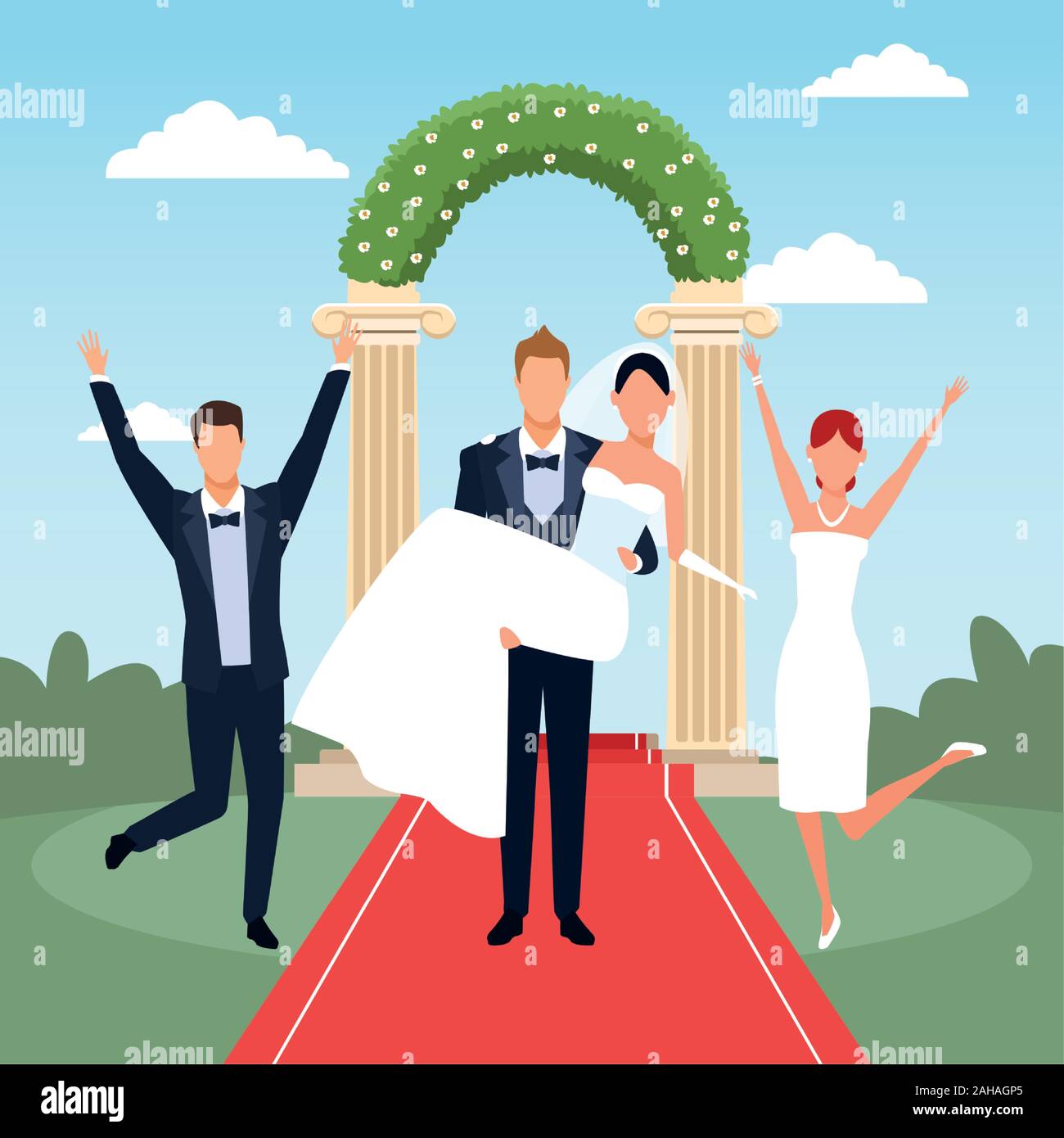 Excited just married couples over floral arch and landscape background Stock Vector