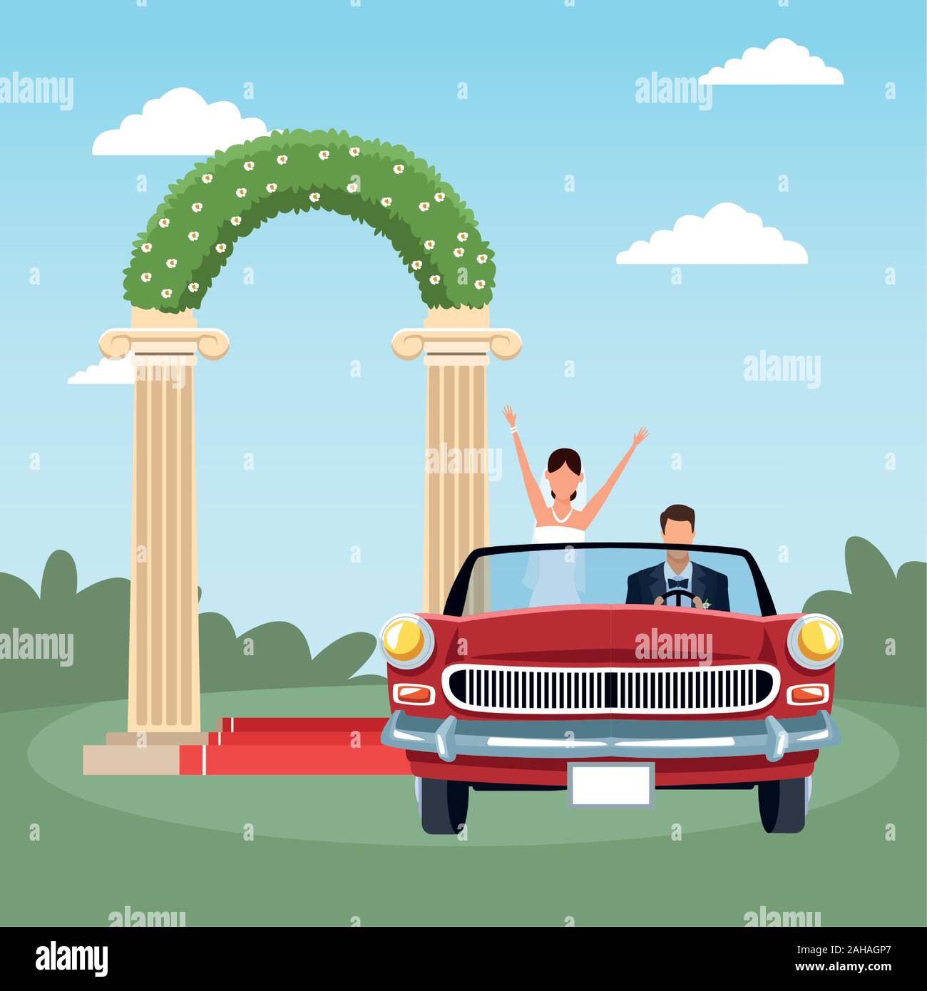 Red classic car with Just married couple over floral arch and landscape ...