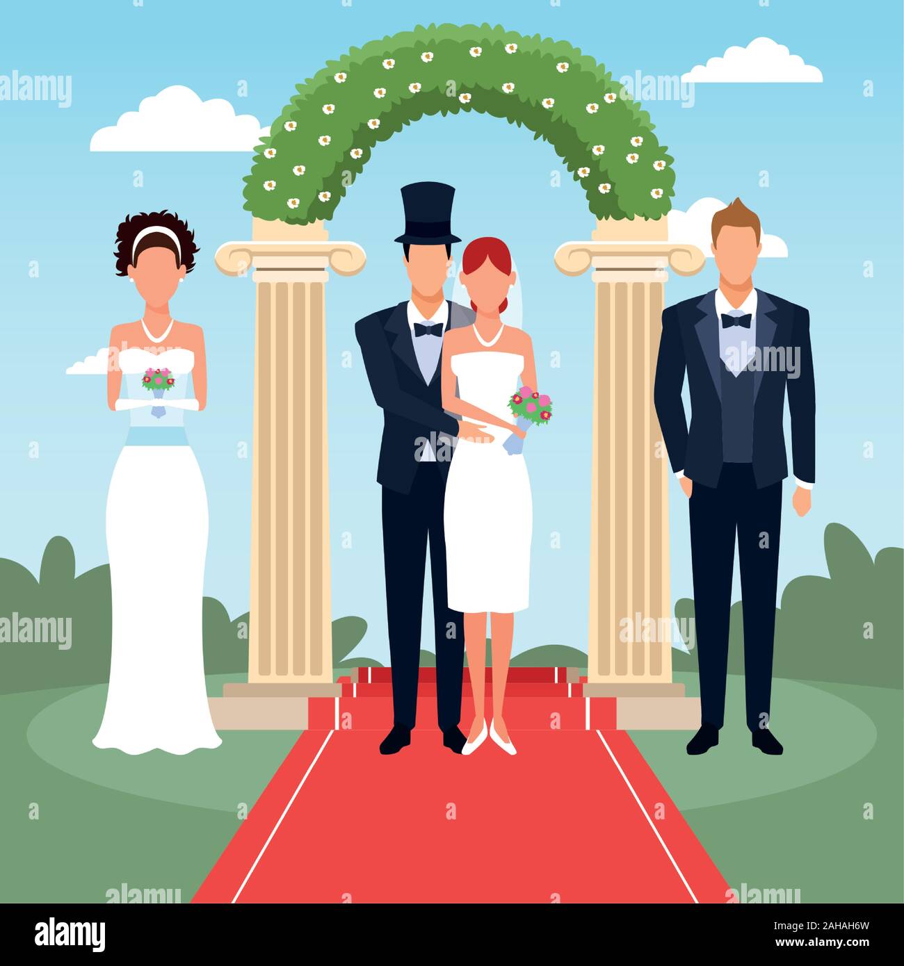 wedding couples standing over floral arch and landscape background, colorful design Stock Vector