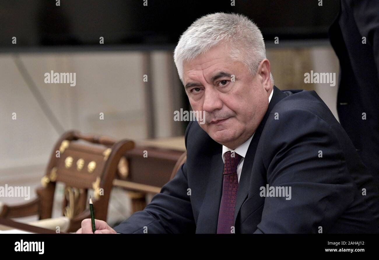 Moscow, Russia. 27 December, 2019. Russian Interior Minister Vladimir Kolokoltsev before the start of a meeting with the permanent members of the Security Council of the Russian Federation at the Kremlin December 27, 2019 in Moscow, Russia.  Credit: Aleksey Nikolskyi/Kremlin Pool/Alamy Live News Stock Photo