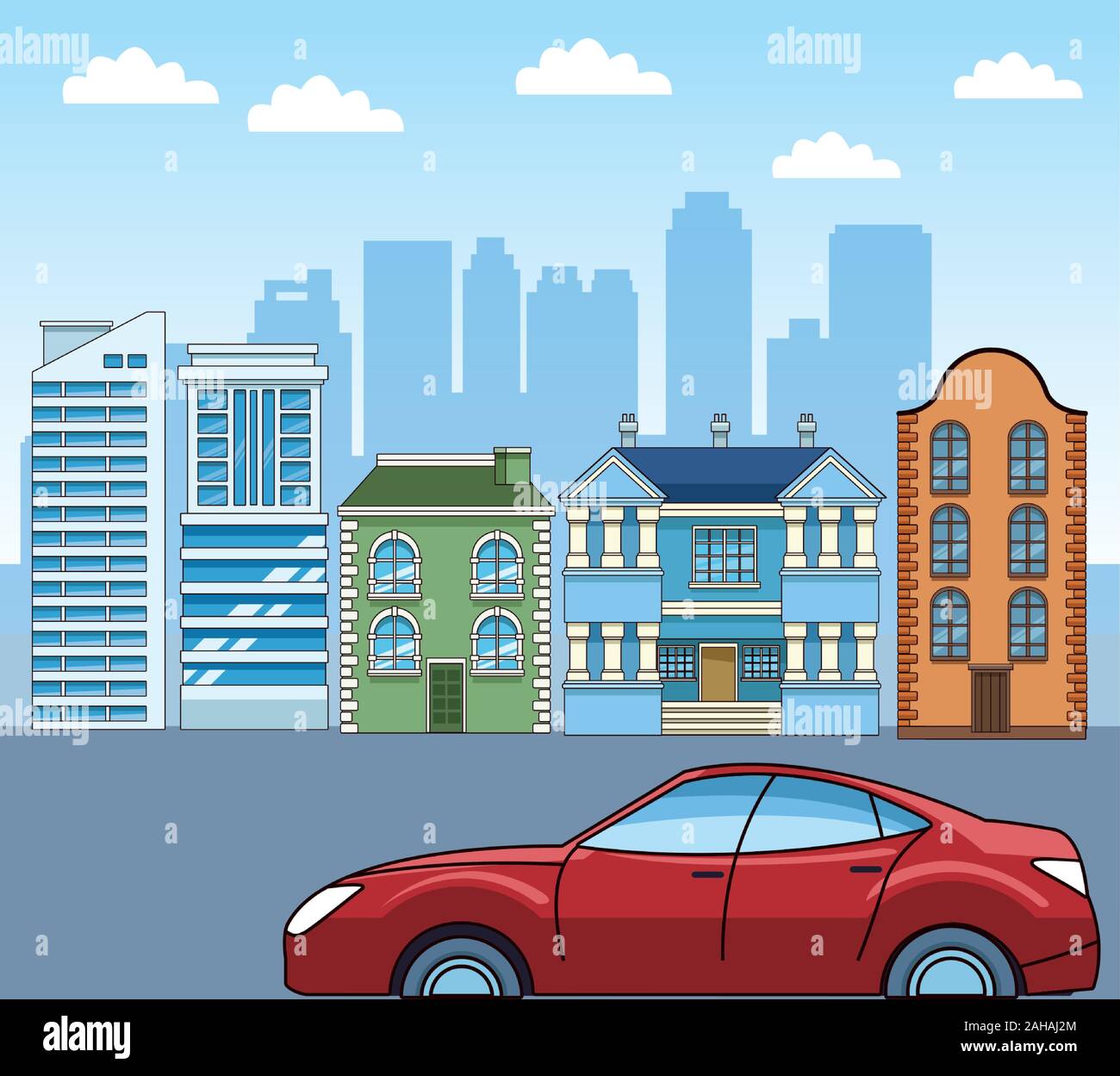 classic buildings and sport car over urban city background Stock Vector ...