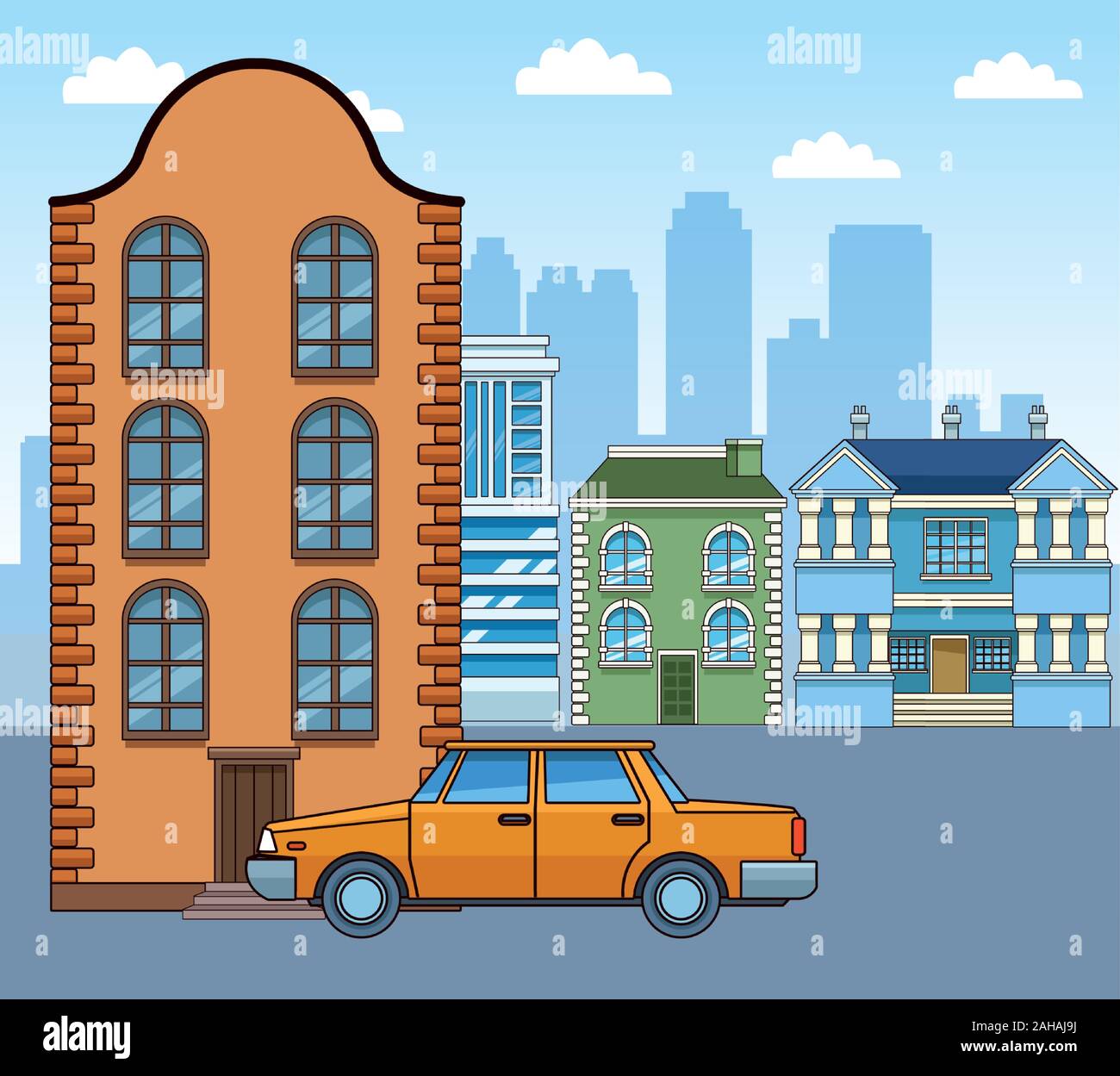 classic building and orange car over urban city background Stock Vector ...