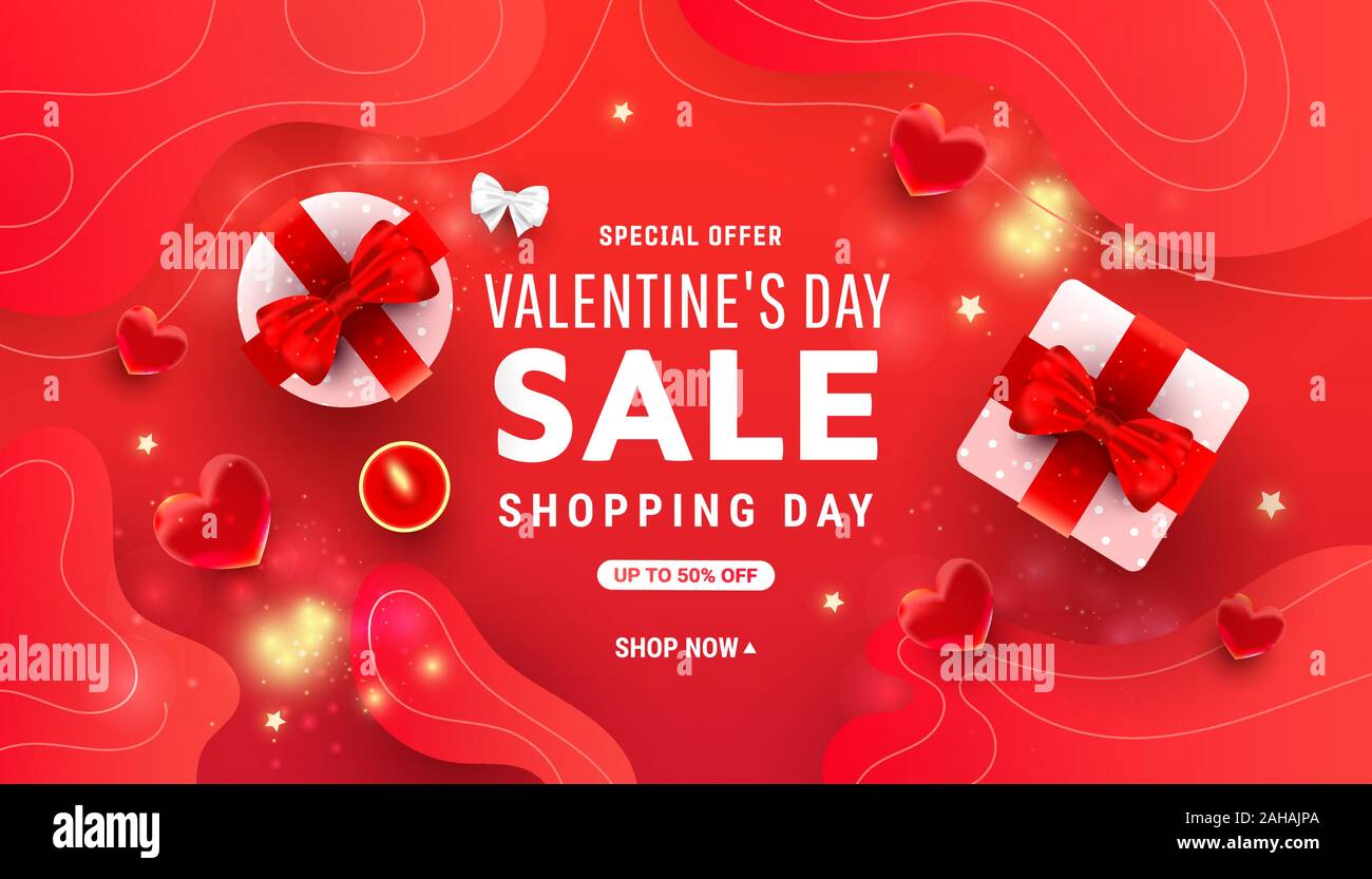 Valentines day horizontal background with shining pink gift boxes ...