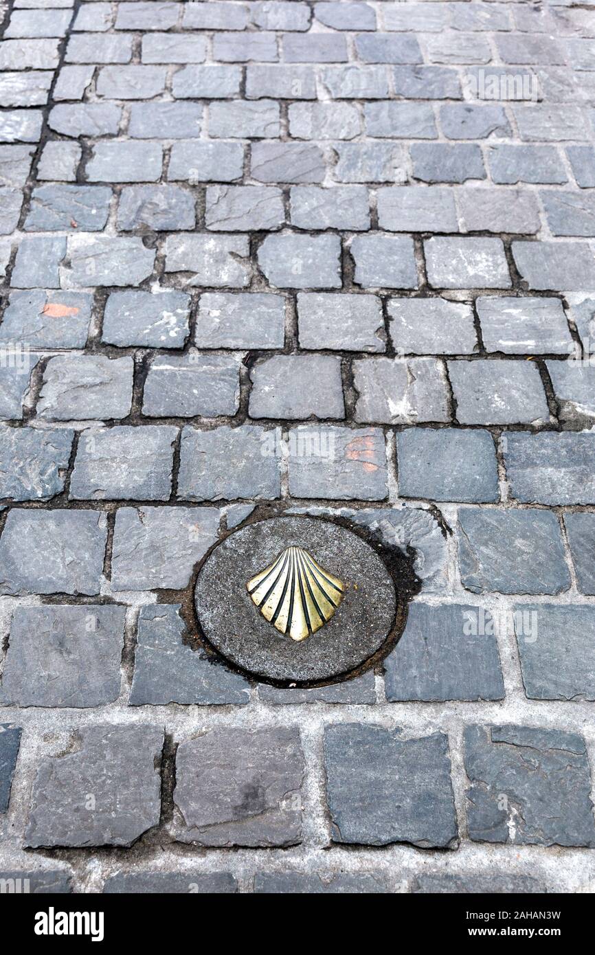 A brass shell set into the pavement, a marker for the Way of St. James pilgrimage walk to Santiago de Compostela, Antwerp, Belgium Stock Photo