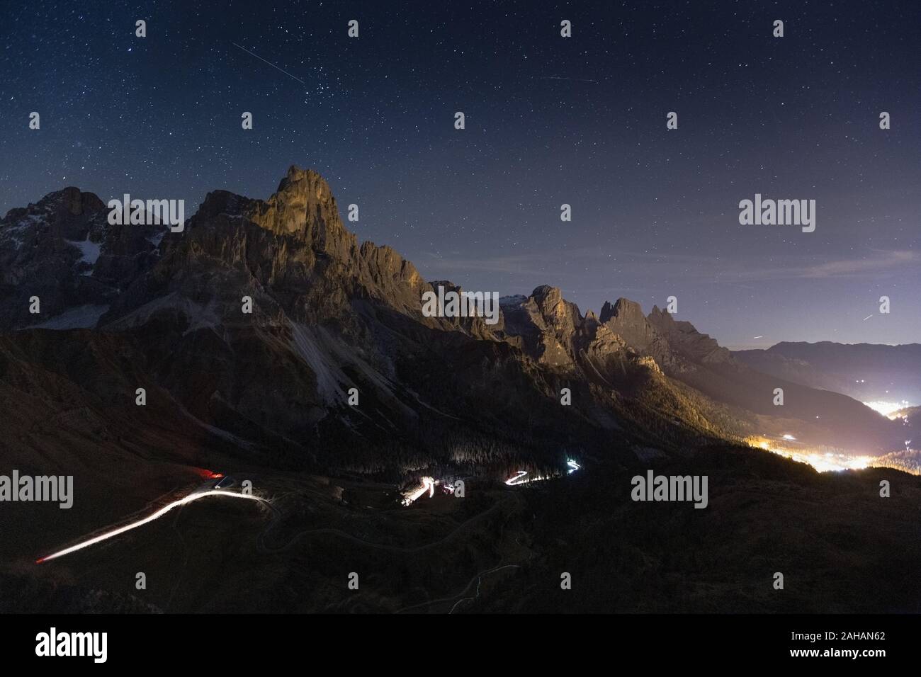 The Pale di San Martino mountain group. Passo Rolle and San Martino di Castrozza. Night Landscape. The Dolomites of Trentino. Italian Alps. Europe. Stock Photo