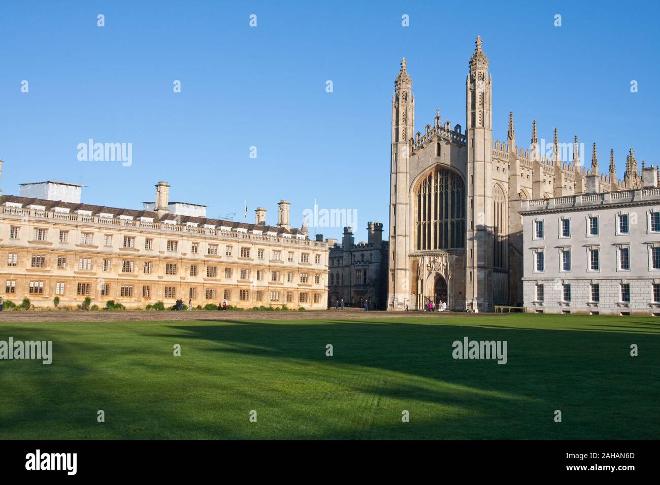 A view across the lawn towards Clare College, King's College Chapel and the Gibbs Building in Cambridge Stock Photo