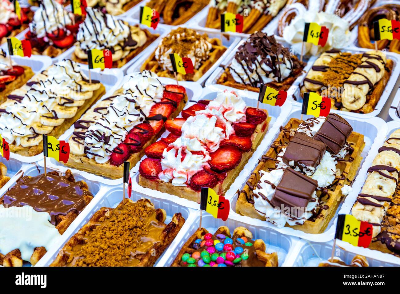 Belgian waffles with a variety of toppings in Brussels, Belgium Stock Photo