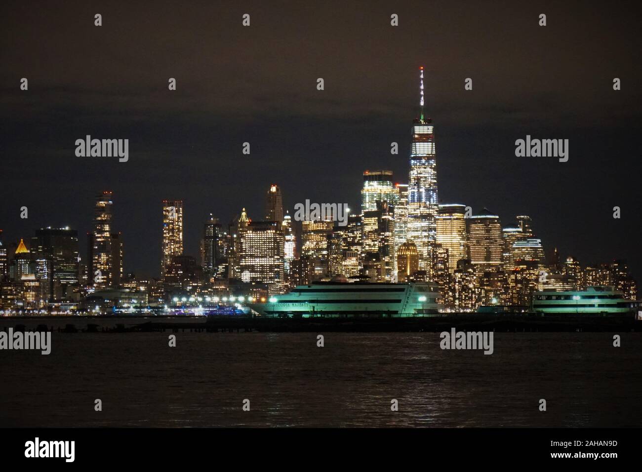 New York City skyline at night from the Hudson River taken November ...