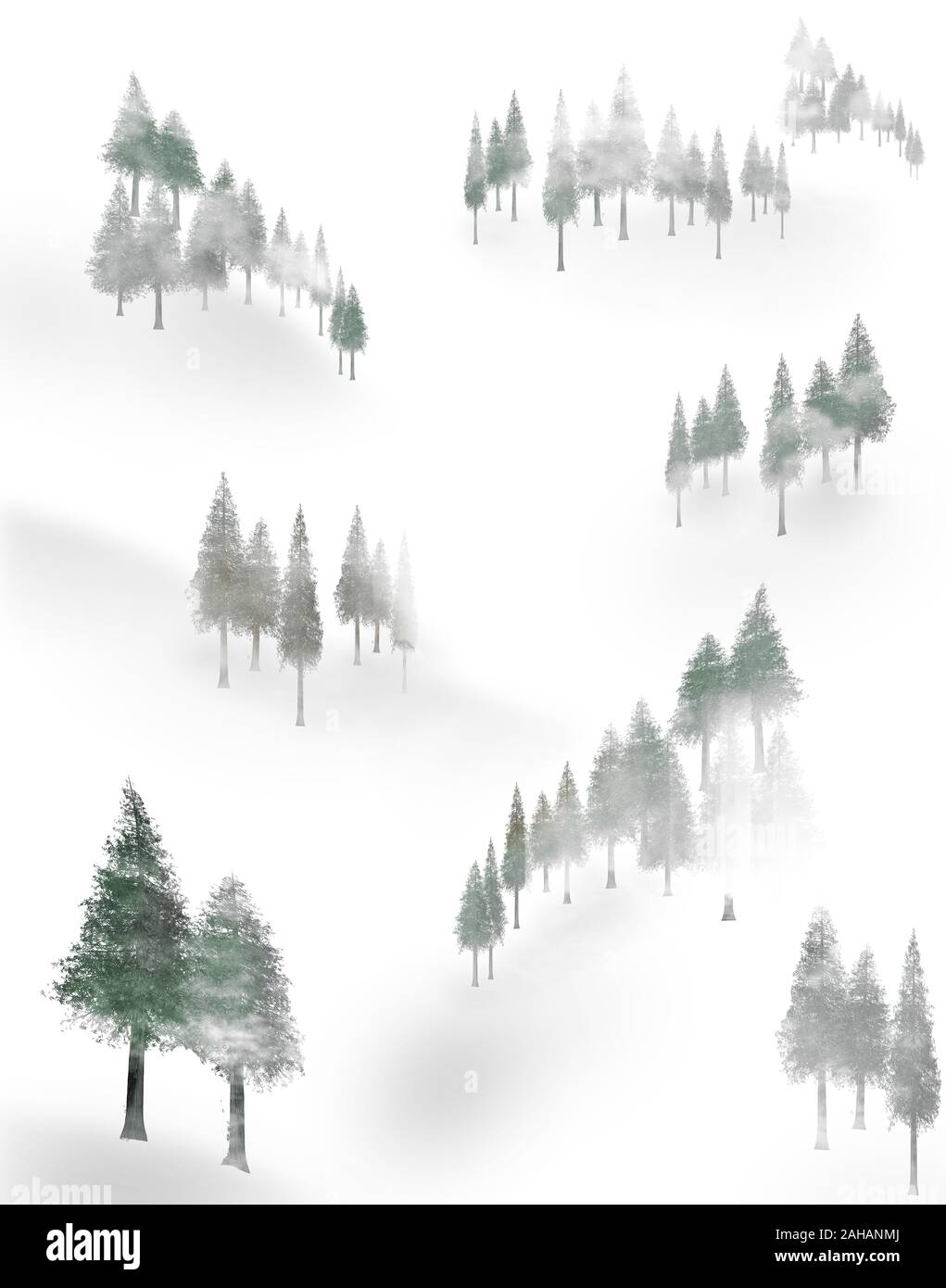 Trees mingle with fog on a snow covered mountain side in this illustration. Stock Photo