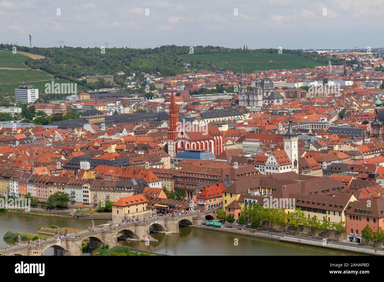 View over the Bavarian city of Würzburg, the Main river,  Old Main Bridge (Alte Mainbrücke), from Fortress Marienberg, Bavaria, Germany. Stock Photo