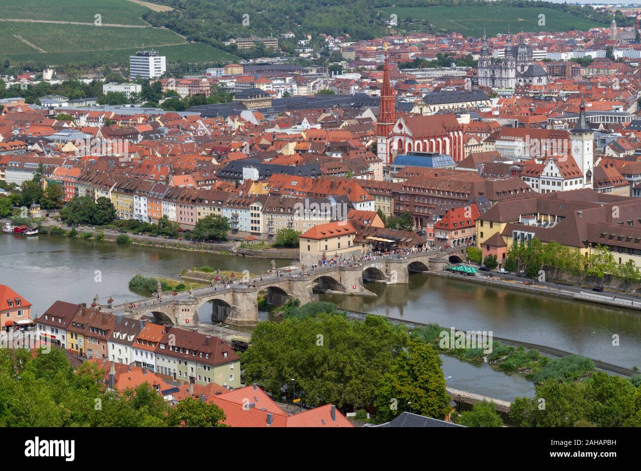 View over the Bavarian city of Würzburg, the Main river,  Old Main Bridge (Alte Mainbrücke), from Fortress Marienberg, Bavaria, Germany. Stock Photo