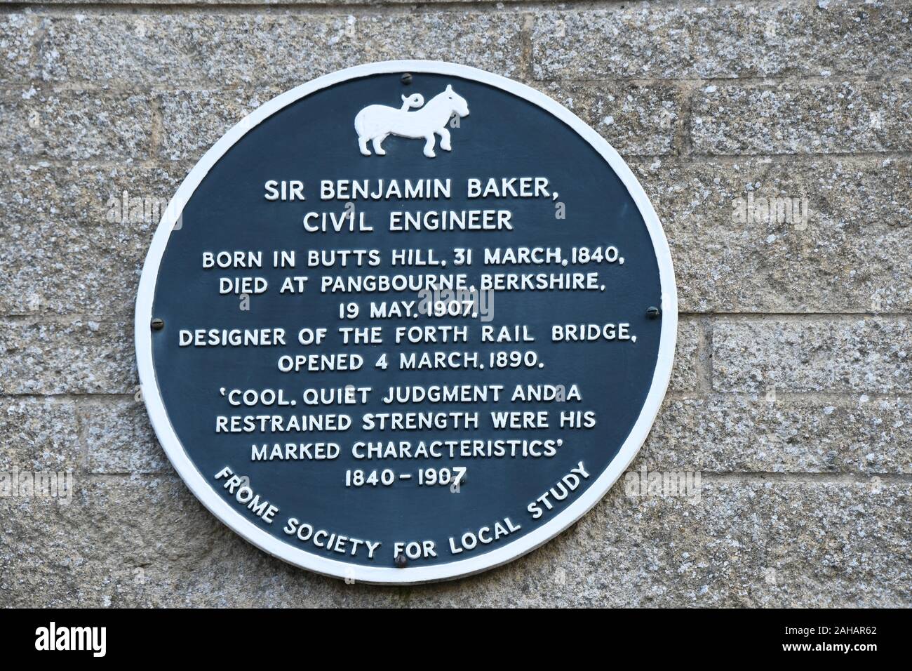 Plaque erected to mark the site of the house in Butts Hill where Benjamin Baker,the designer of The Forth Railway bridge was born. It is situated on t Stock Photo