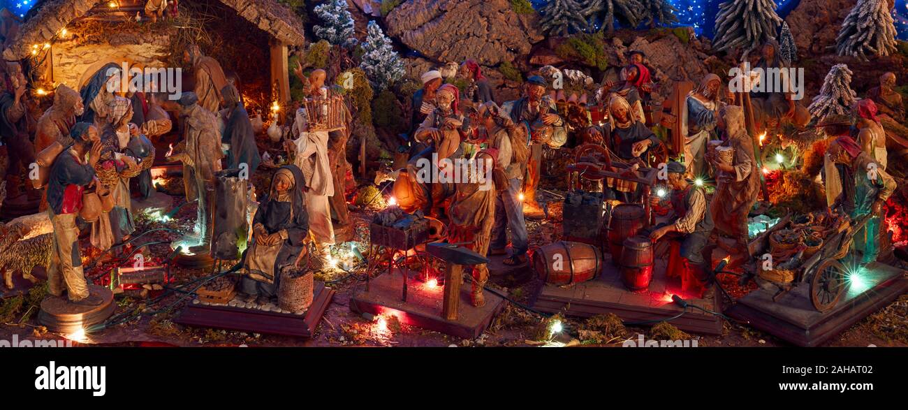 Christmas nativity scene represented with beautiful handmade statuettes ...
