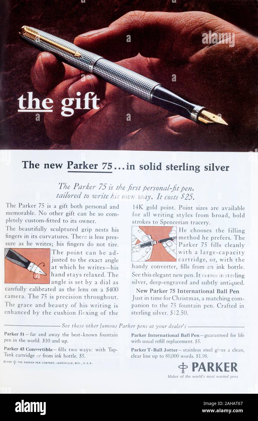 1965 magazine advert for Parker 75 fountain pen. Stock Photo