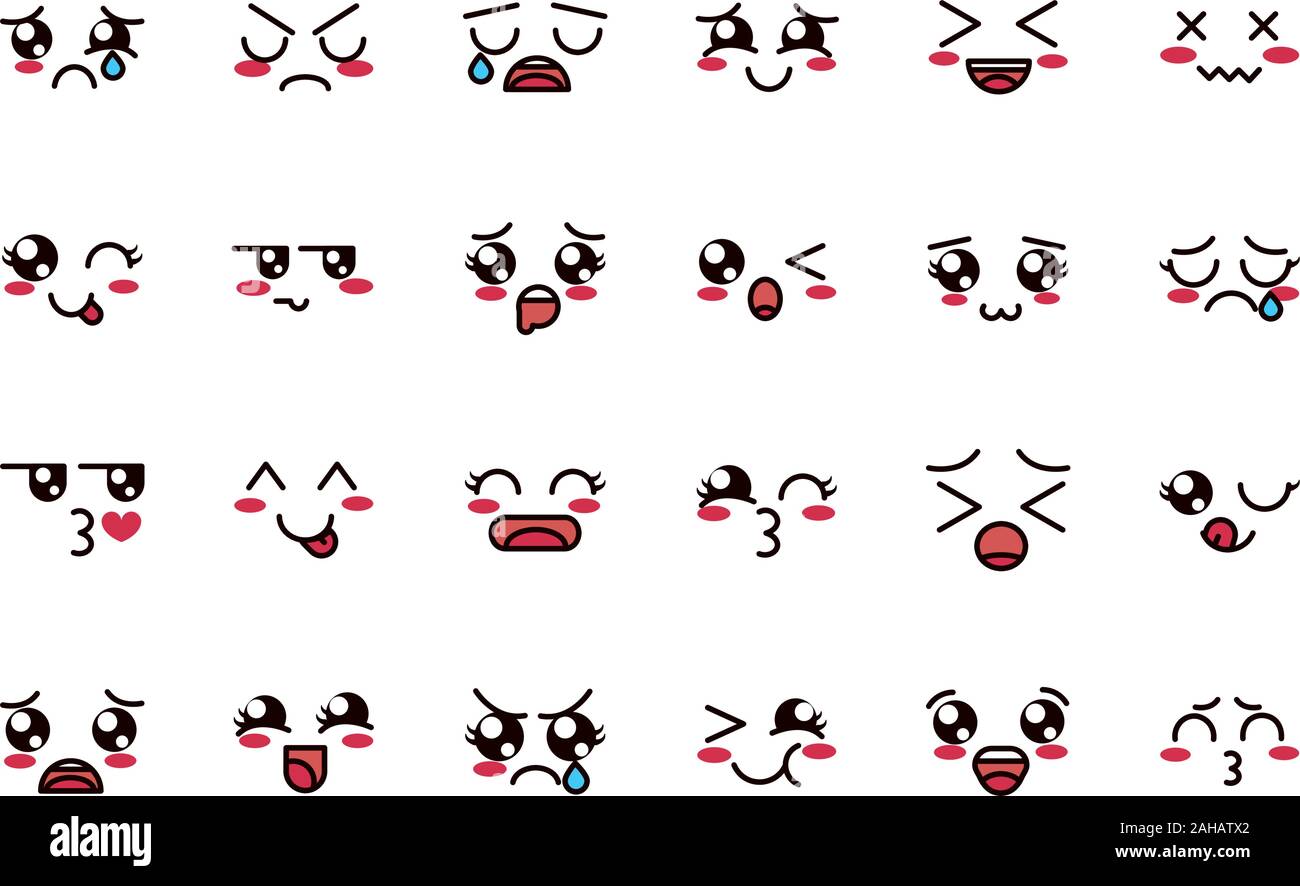 kawaii cute face expressions eyes and mouth icons set vector