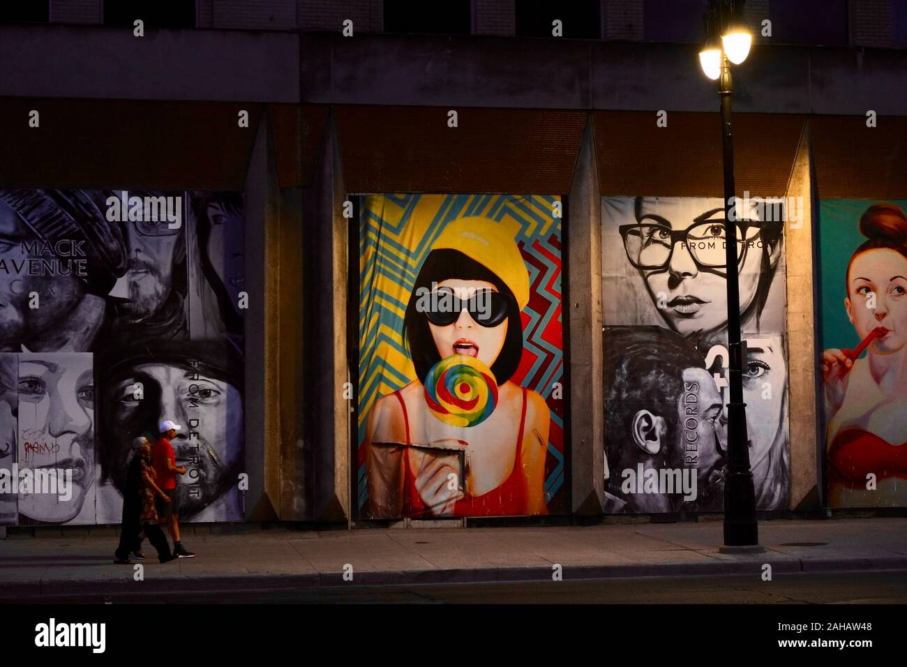 Murals at night in downtown Detroit, Michigan, USA Stock Photo