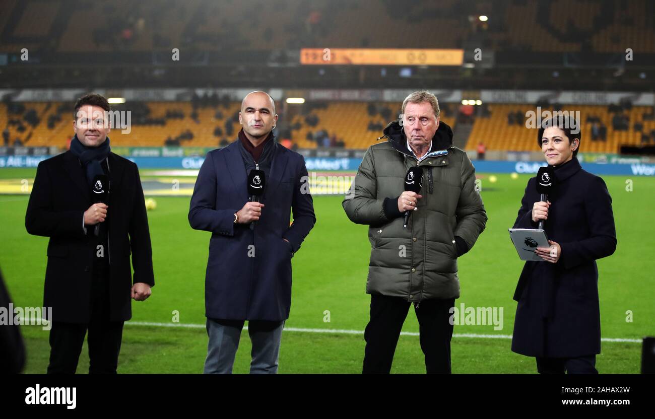 Amazon Prime pundits (from left to right) Michael Owen, Roberto Martinez  and Harry Redknapp alongside presenter Eilidh Barbour during the Premier  League match at Molineux, Wolverhampton Stock Photo - Alamy