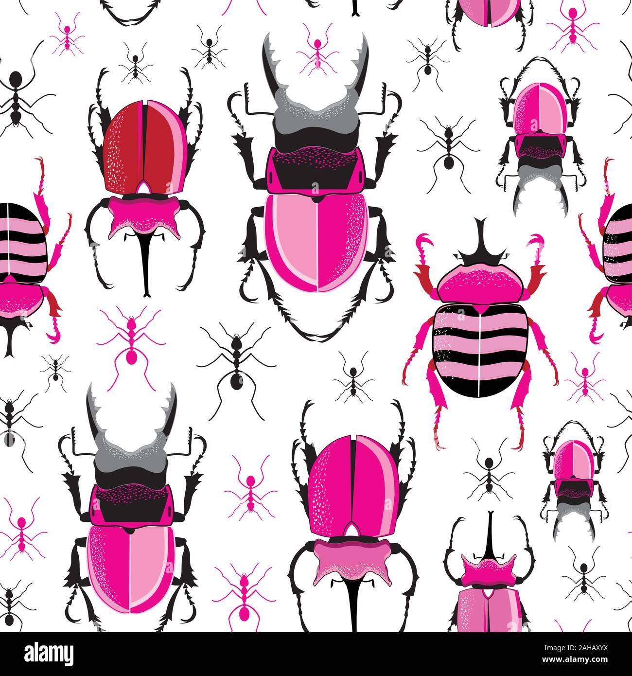 Vector bright seamless pattern with beetles and ants on a white background Stock Vector