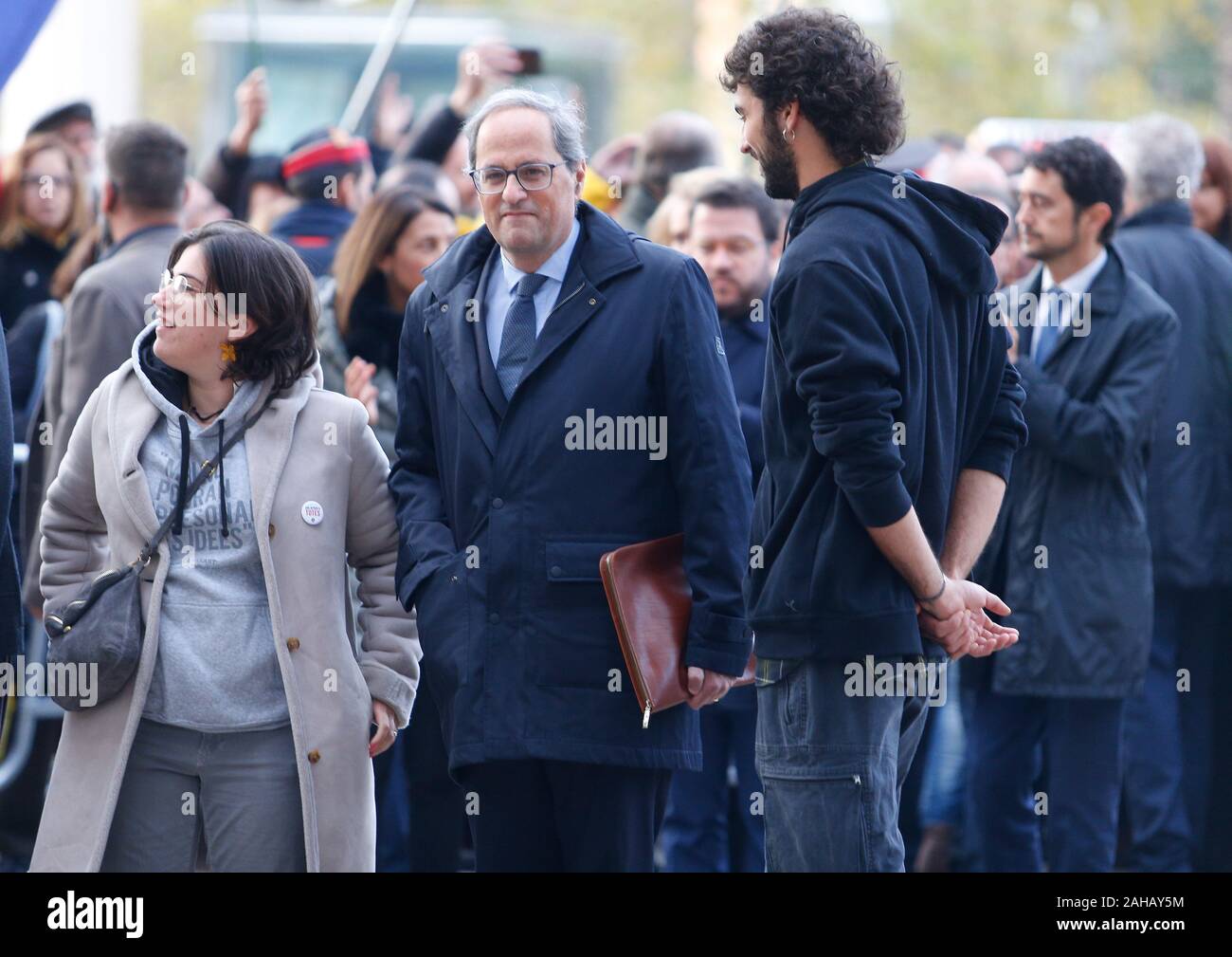 President of Catalan Government Quim Torra arrives to courtin Barcelona in charge of desobeying spanish laws Stock Photo