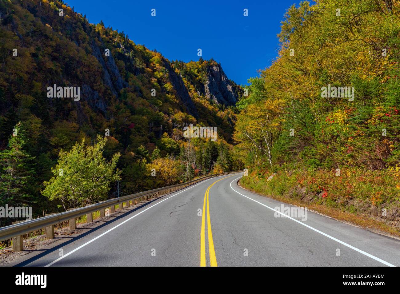 A bend in the road leads through a mountain pass surrounded by  colorful forest displaying vibrant mountain colors. Stock Photo