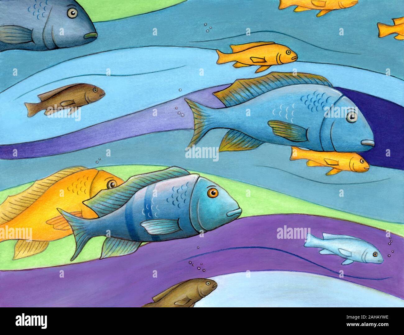 Decorative composition of some colorful fishes. Mixed media illustration on paper. Stock Photo